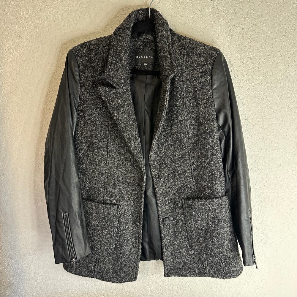 Metaphor Grey Knit Jacket with Faux Leather Sleeves – Size Small